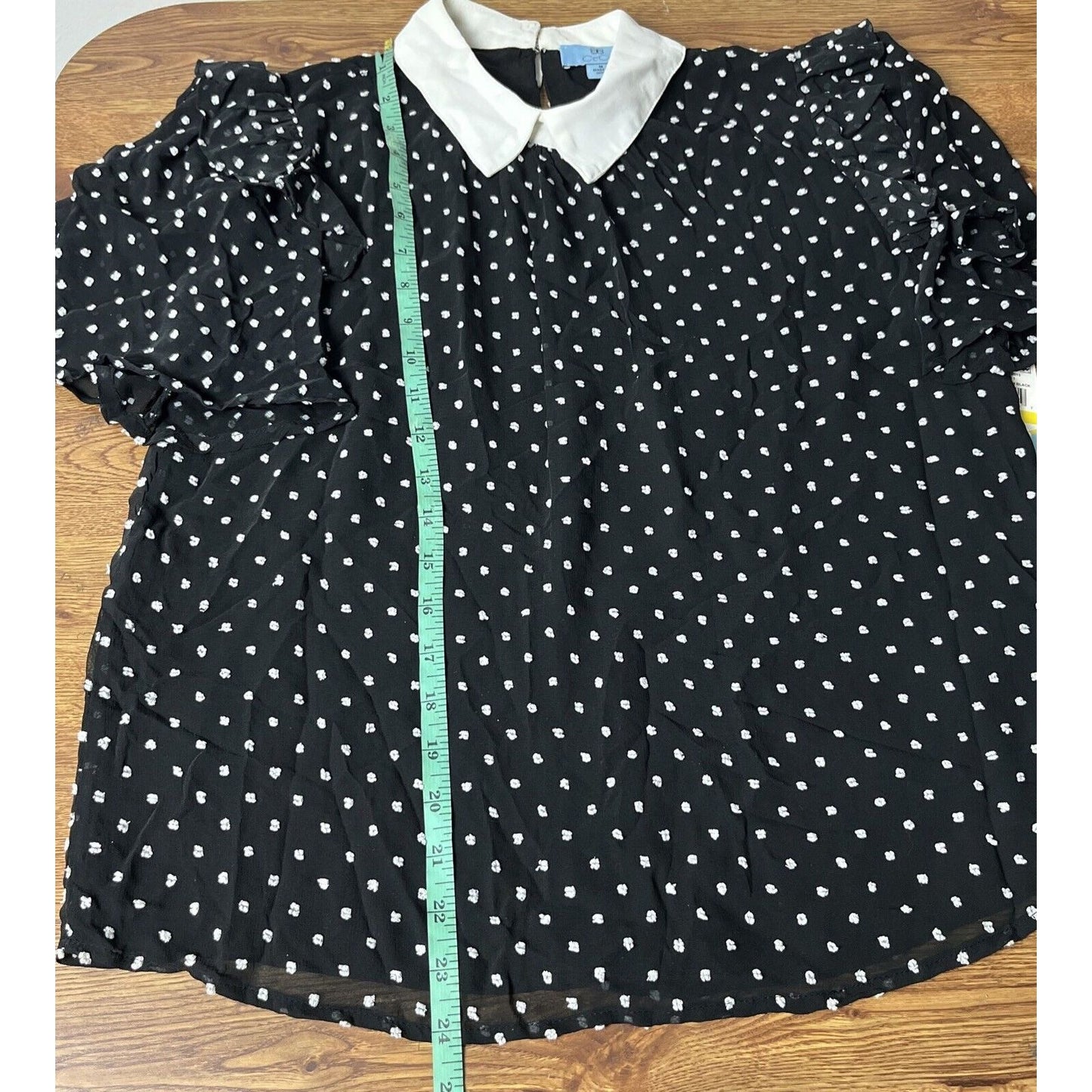 CeCe Womens Cotton Contrast Collared Dotted Top Black/White Blouse Size Medium