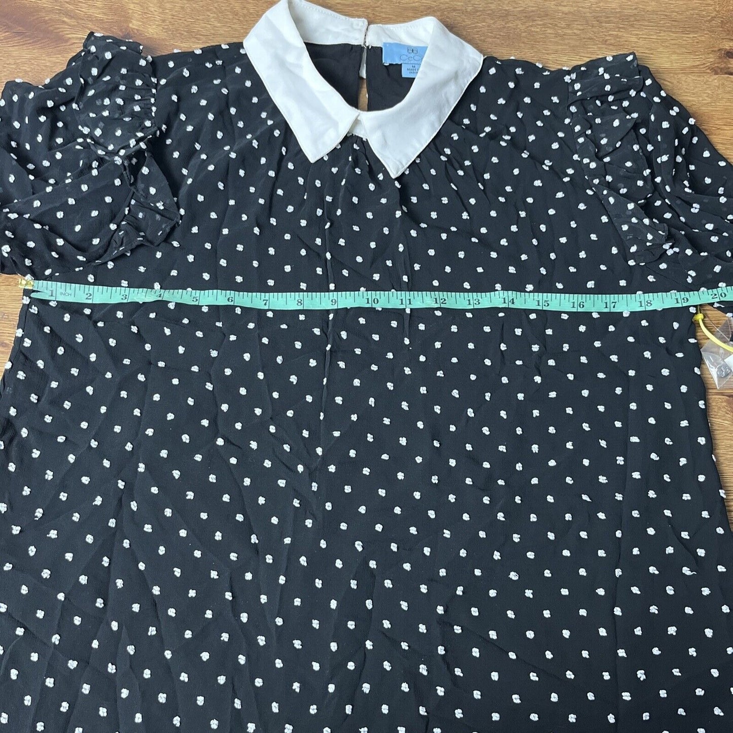 CeCe Womens Cotton Contrast Collared Dotted Top Black/White Blouse Size Medium