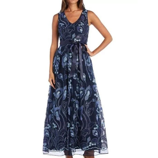 R&M Richards Women's Petite Embroidered Floral Gown Navy Size 12P