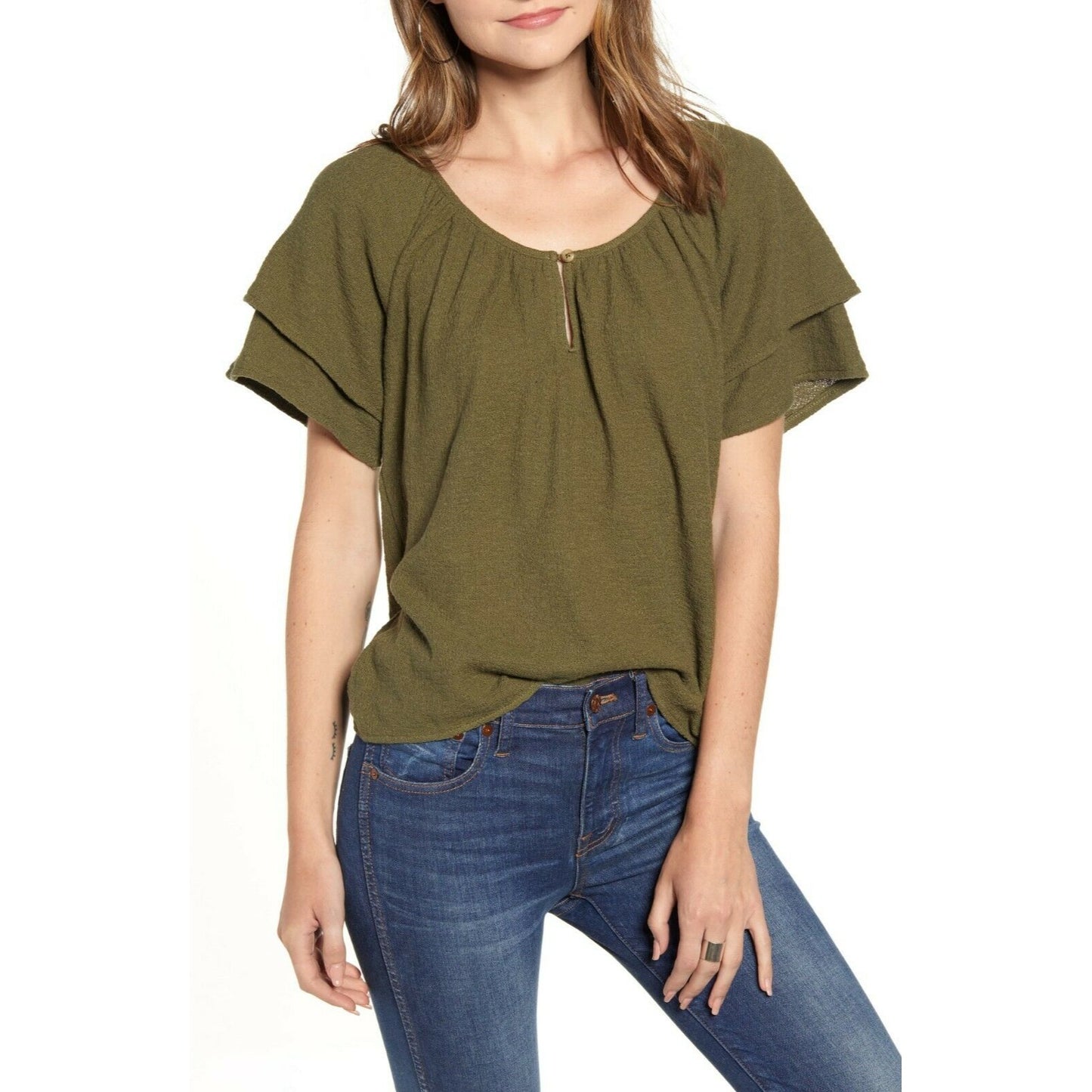 NWT Women's Madewell Texture & Thread Tiered Sleeve Top, Size X-Small - Green