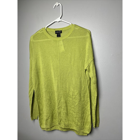 Ceny Womens Size XS Long Sleeve Round Neck Side Slit Sweater Top Neon Green