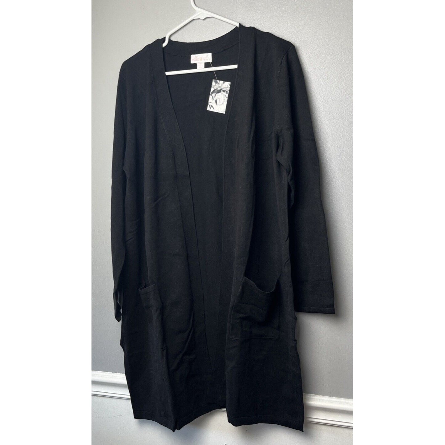 Belle by Kim Gravel Feather Knit Long Cardigan with Pockets-Black-Large-A470714