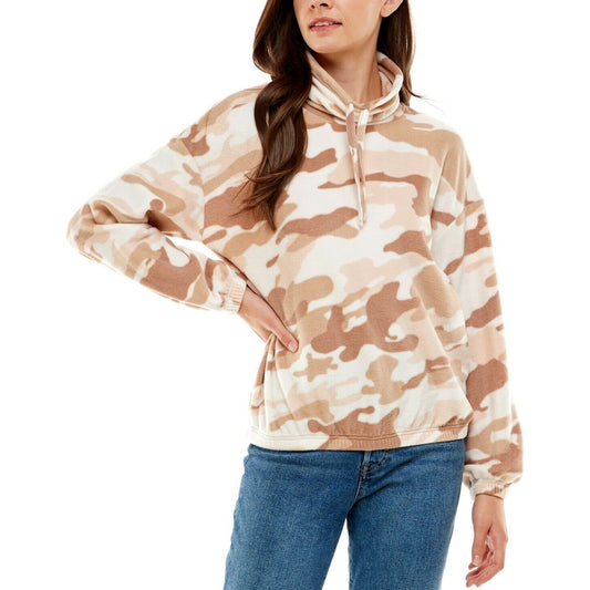 Derek Heart Juniors' Drawstring Cowl Neck Fleece Pullover - Neutral Camo