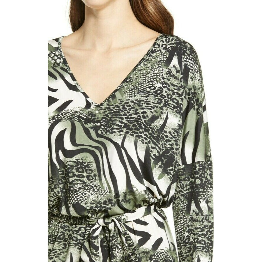 Ilse Jacobsen Green Animal Print Belted Long Sleeve Jersey Dress Womens L/XL