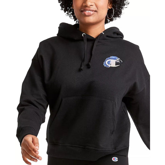 Champion Women's Hoodie S Black Kangaroo Pocket Logo Print Long Sleeve Pullover