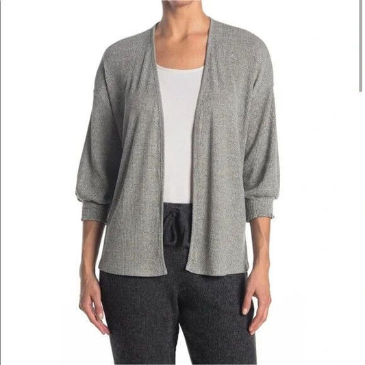 Eclair Ribbed Hacci Knit Cardigan Sweater Womens S Open Front 3/4 Sleeve Grey