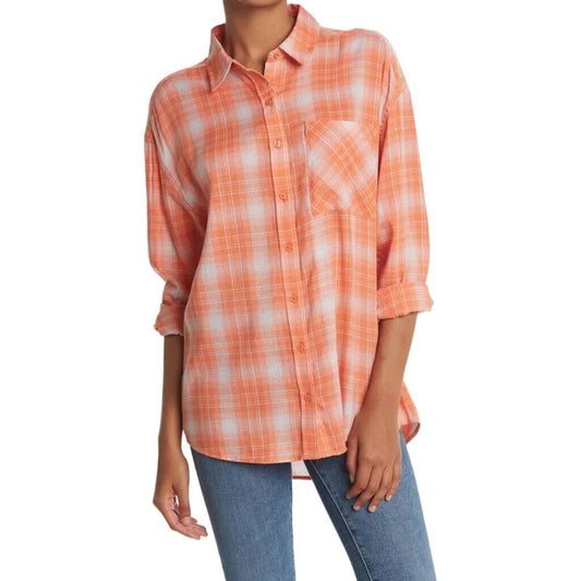 Abound Shirt Womens XSmall Orange Coral Haley Plaid Button Down Long Sleeve NEW