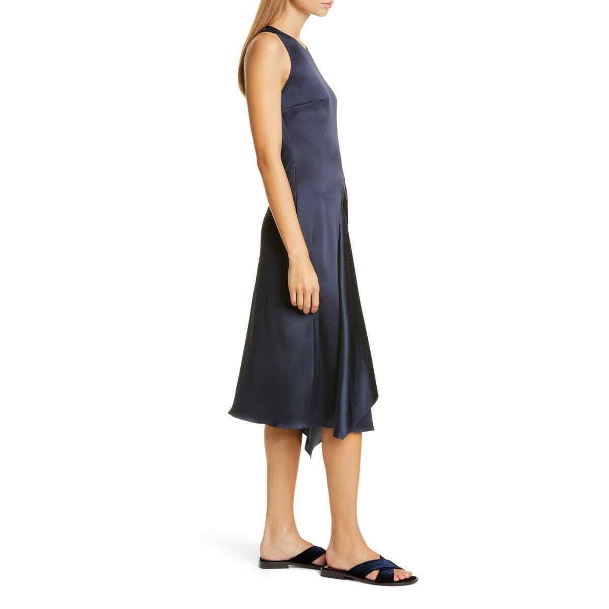 Sies Marjan Women's Dress 6 Ink Navy Crinkled Satin Asymmetrical Tank Midi Slip