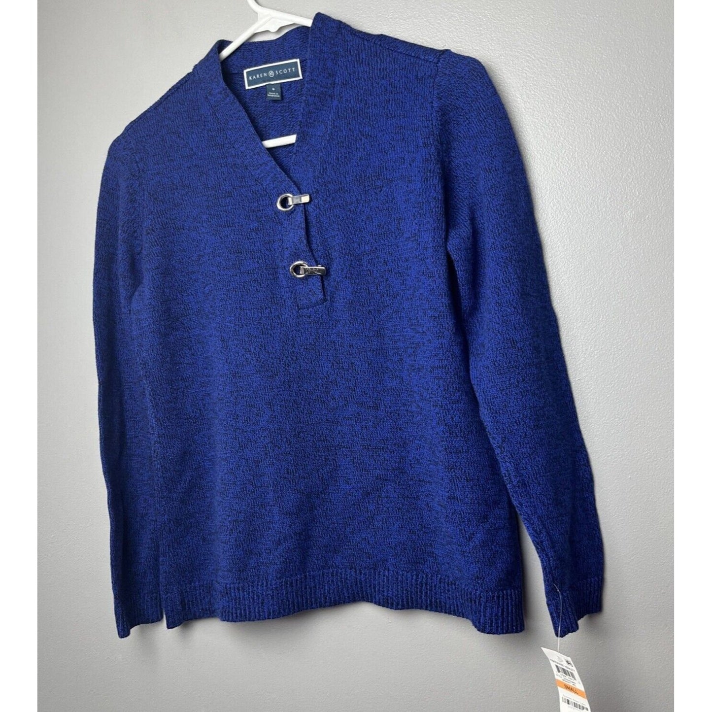 MSRP $47 Karen Scott Cotton Marled Henley Sweater Blue Size Small