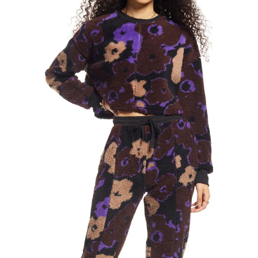 BP Black Brown Pressed Floral High Pile Fleece Long Sleeve Sweatshirt L