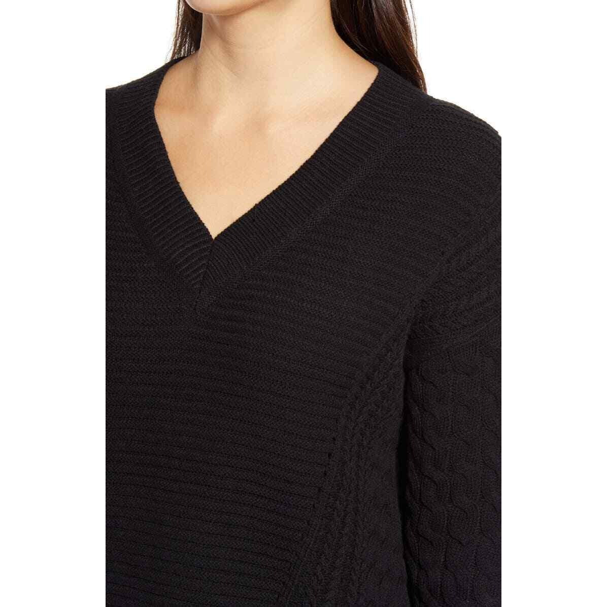 Caslon Cable V-Neck Pointelle Sweater Size XL Black NWT