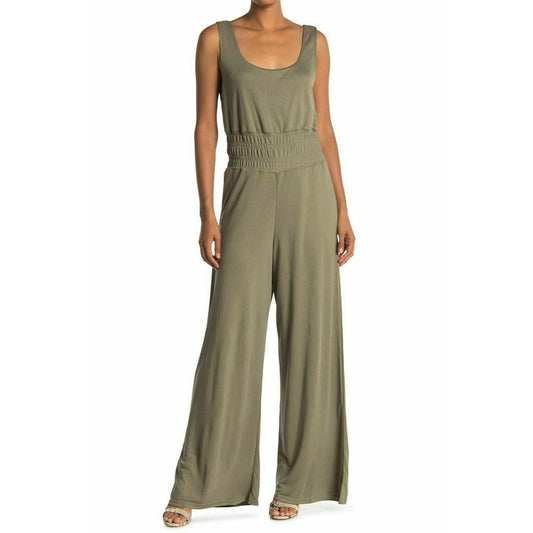 One One Six Olive Green Sleeveless Scoop Neck Smocked Waist Jumpsuit Size 1X