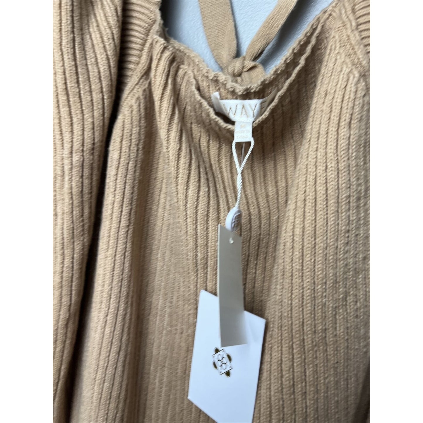 Wayf NWT M Camel Square Neck Puff Shoulder ribbed Sweater Dress