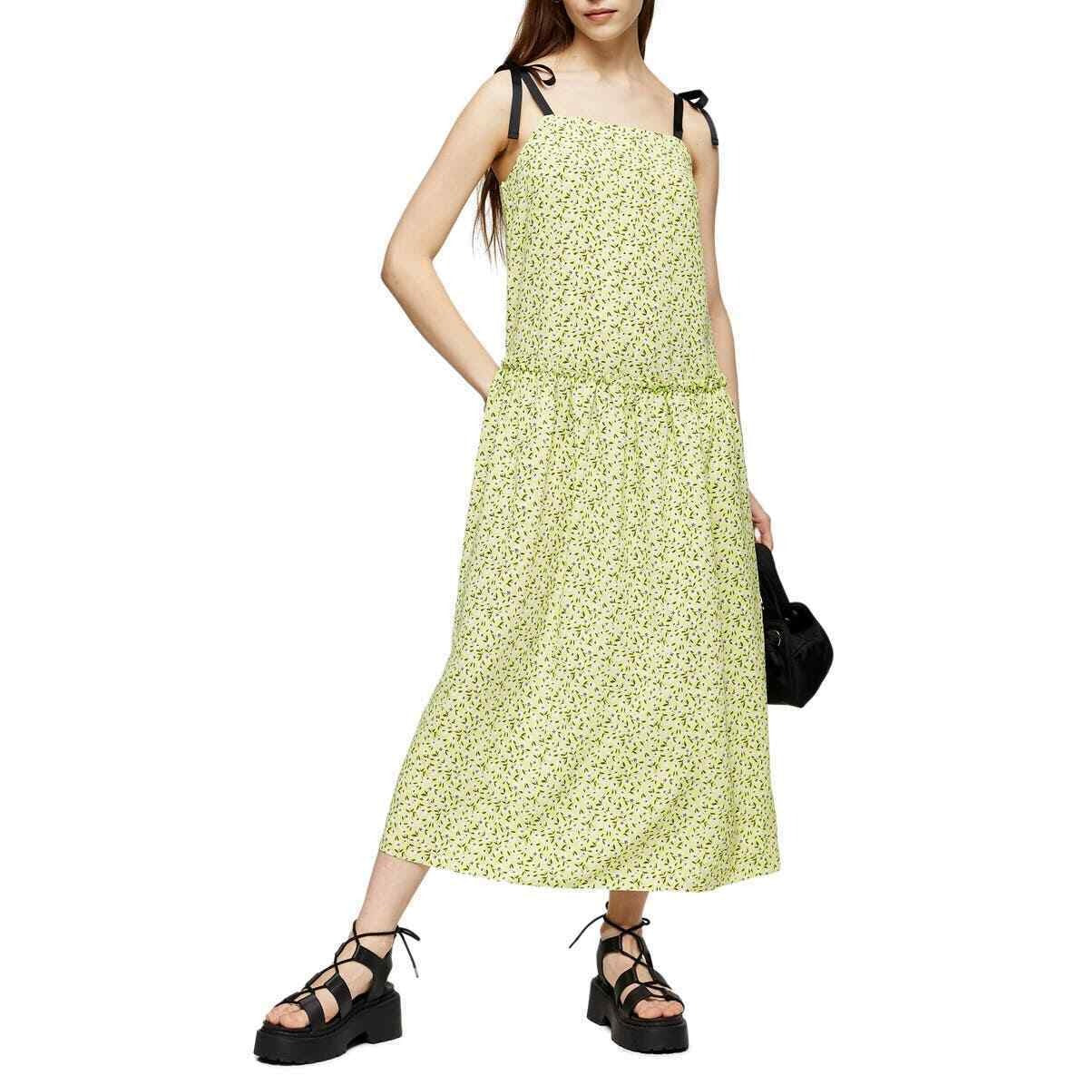 NWT Women's Topshop Floral Print Drop Waist MIDI Dress, Size 8 US - Lime Green