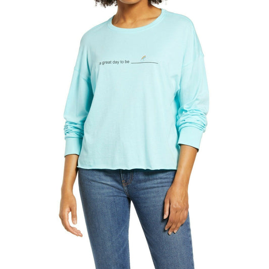 BP. Long Sleeve Blue Raw Hem Crop Top "A Great Day To Be" Graphic T Shirt S NWT