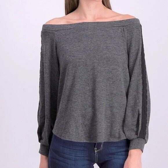 1.State Off Shoulder Lace Trim Top Light Heather Grey Size XXL