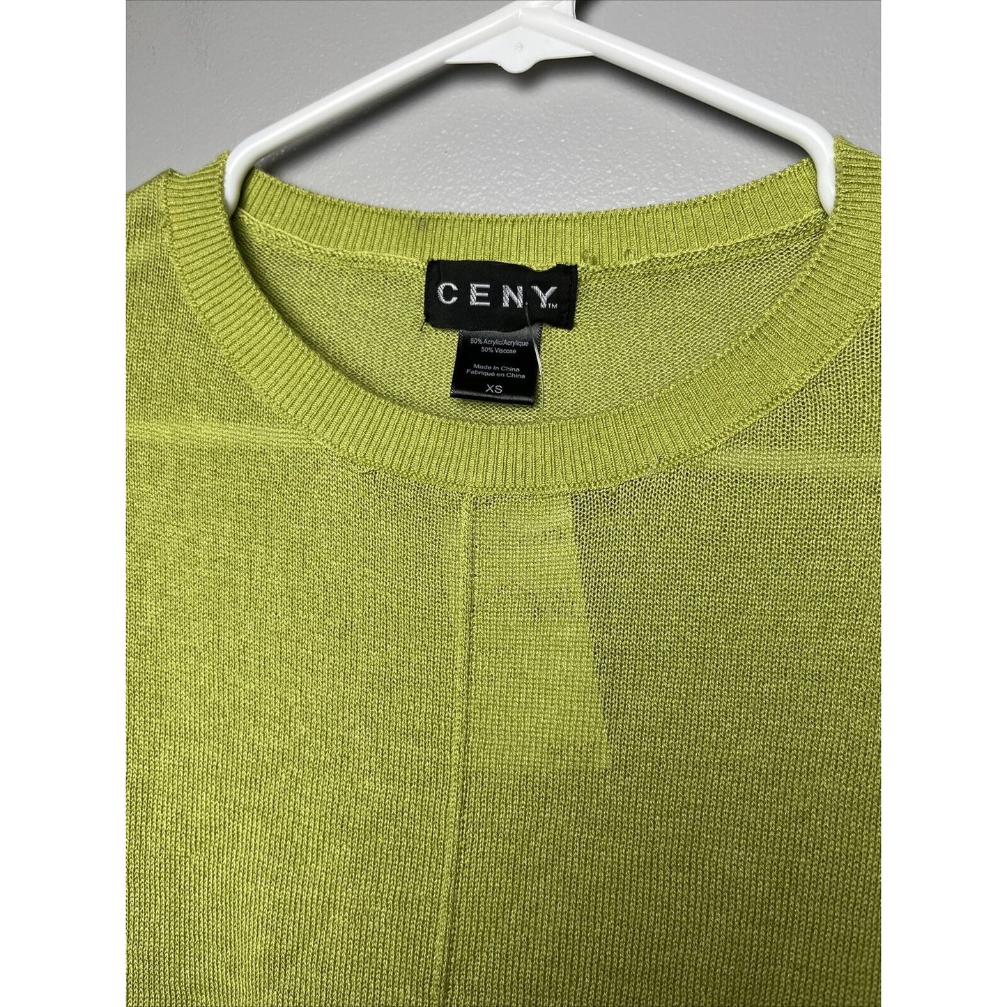 Ceny Womens Size XS Long Sleeve Round Neck Side Slit Sweater Top Neon Green