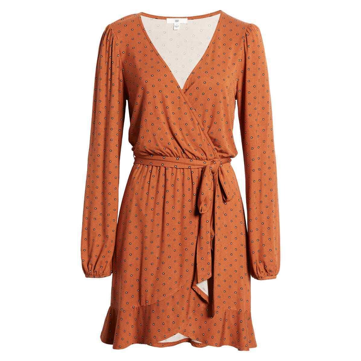 New Bp. Large Long Sleeve Wrap Minidress Dress Womens Brown NWT