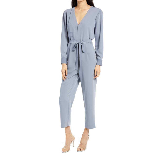 Charles Henry V-neck Long Sleeve Tie Waist Jumpsuit Medium, Slate Blue