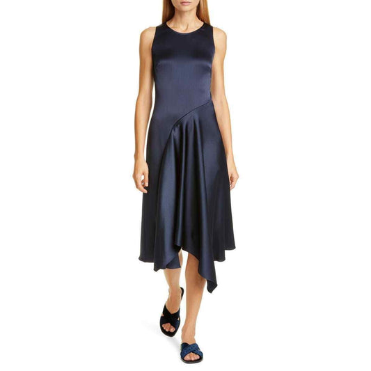 Sies Marjan Women's Dress 6 Ink Navy Crinkled Satin Asymmetrical Tank Midi Slip