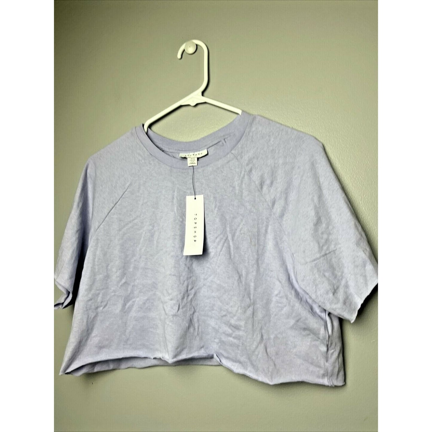 Topshop Womens Raglan Crop T-Shirt Raw Edge Crew Neck Short Sleeves Cotton