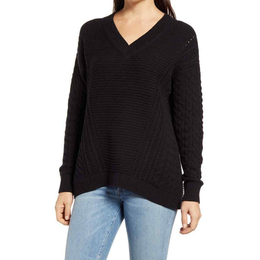 Caslon Cable V-Neck Pointelle Sweater Size XL Black NWT