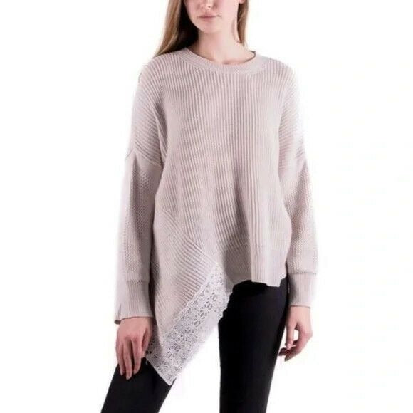 Lili's Closet NWT Size XS Kate Asymmetrical Sweater Beige Ribbed Lace Hem Womens