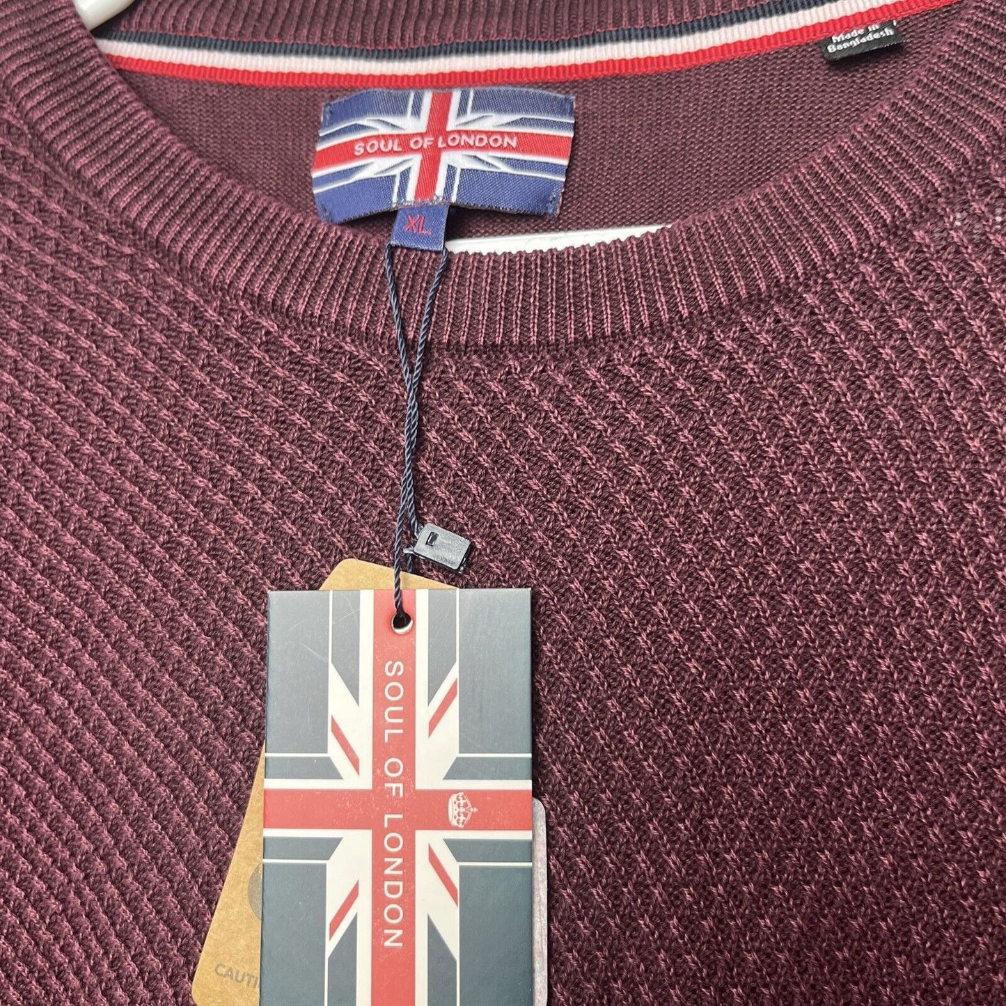 Soul Of London Mens Crewneck Sweater XL Textured Knit Burgundy Organic Cotton