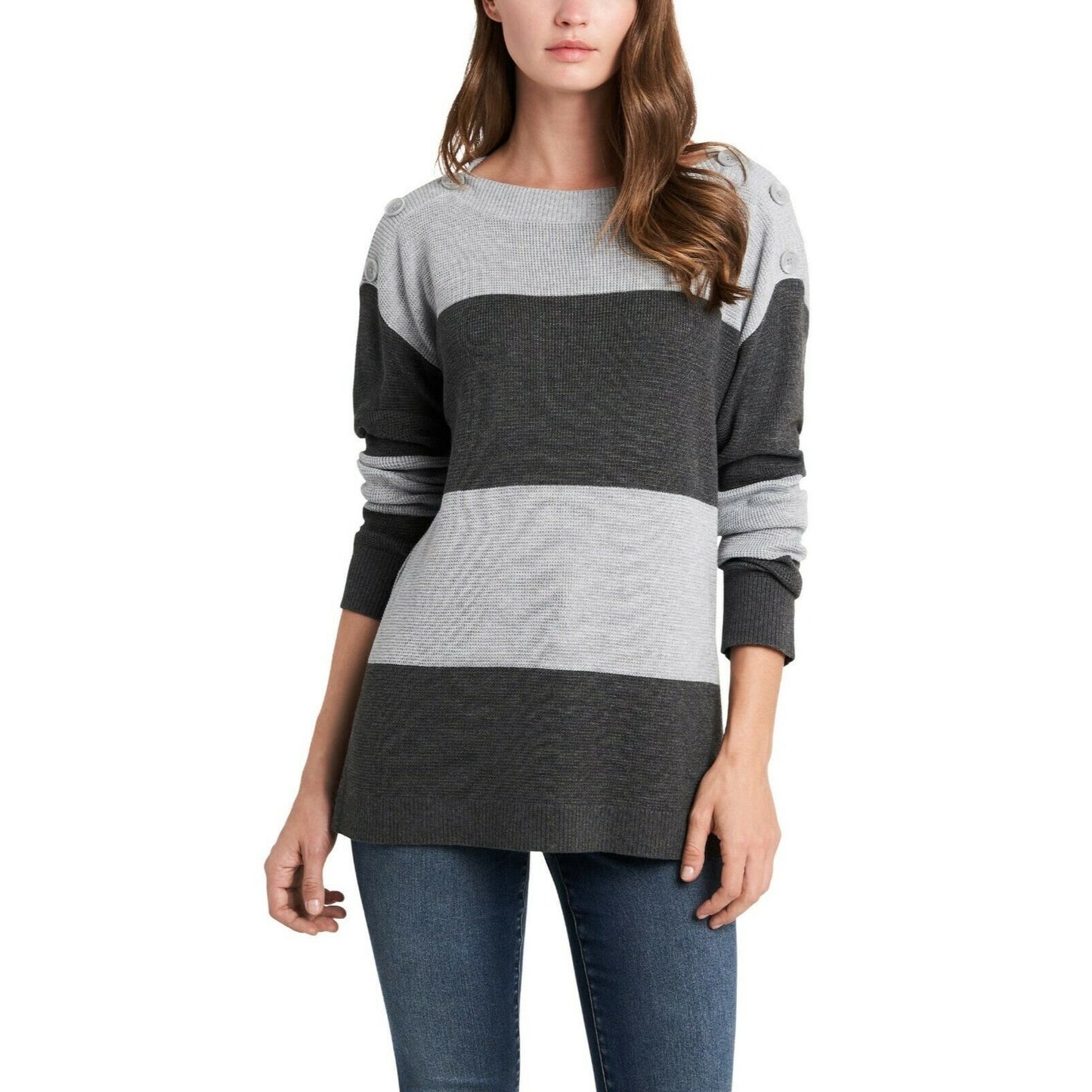 Vince Camuto Button Shoulder Grey Stripe Sweater X-Large NWT