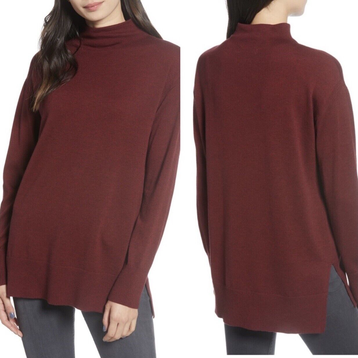 NWT Chelsea 28 Sweater Mock Turtleneck Funnel Neck Burgundy Long Sleeves