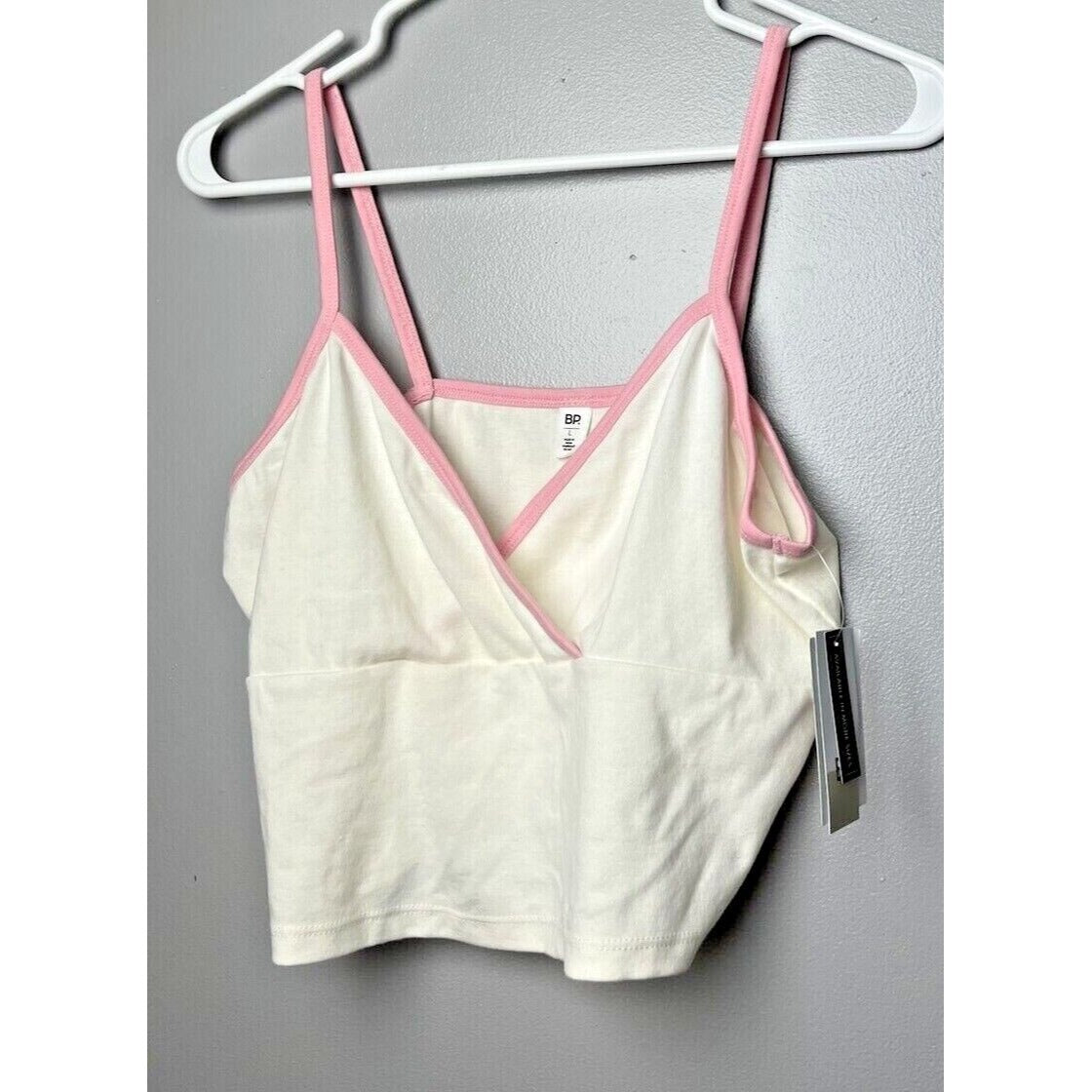 BP. Contrast Crop Organic Cotton Blend Tank, Size Large in Ivory