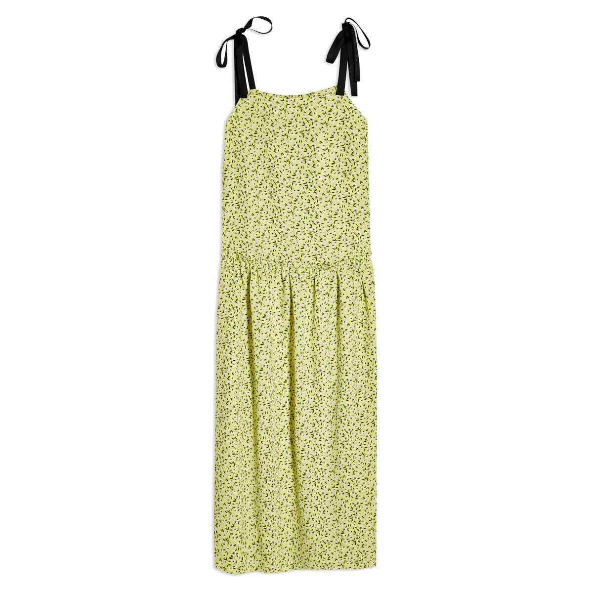 NWT Women's Topshop Floral Print Drop Waist MIDI Dress, Size 8 US - Lime Green