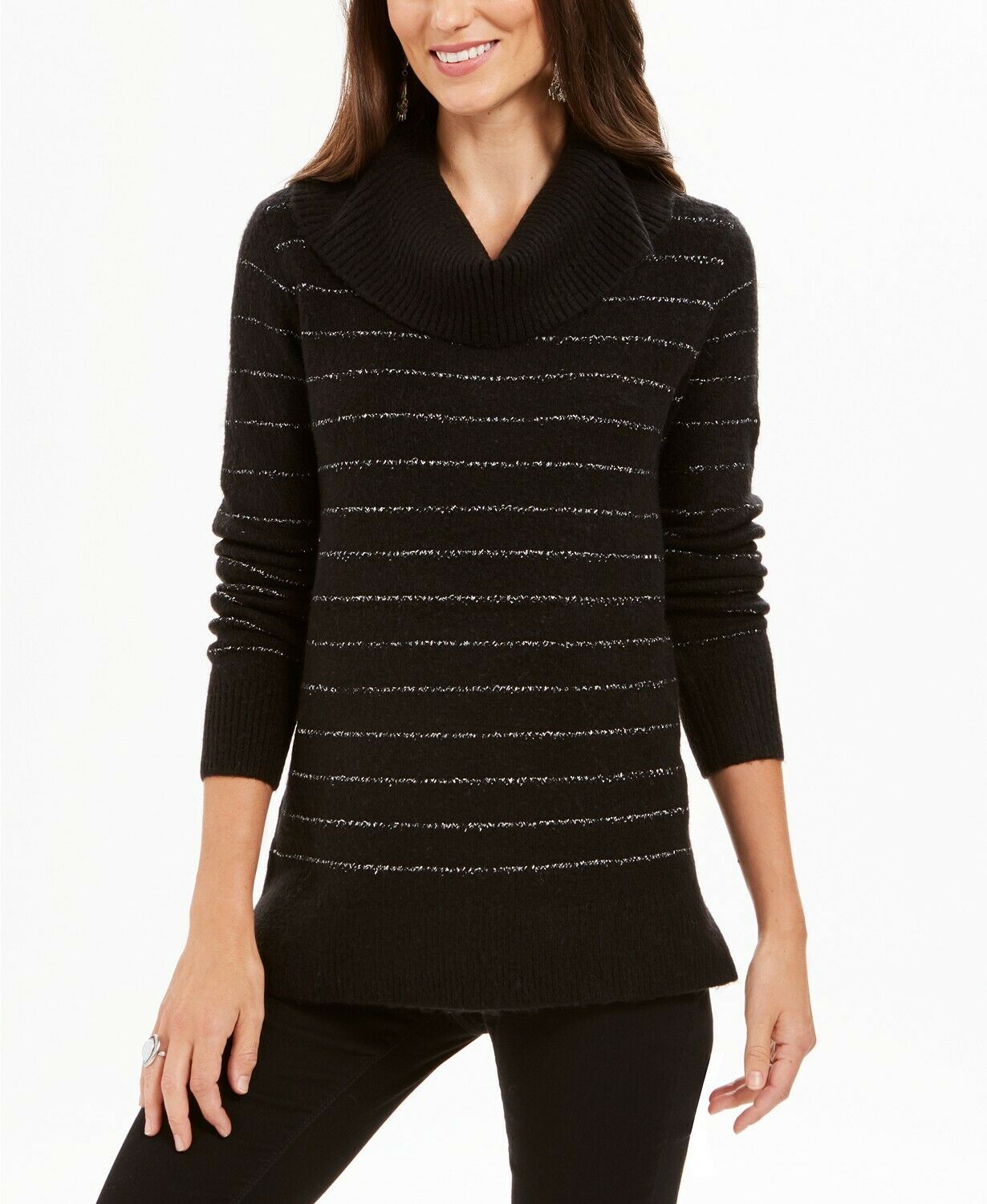 Style & Co Women's Black Lurex Cowl-Neck Pullover Sweater, Large