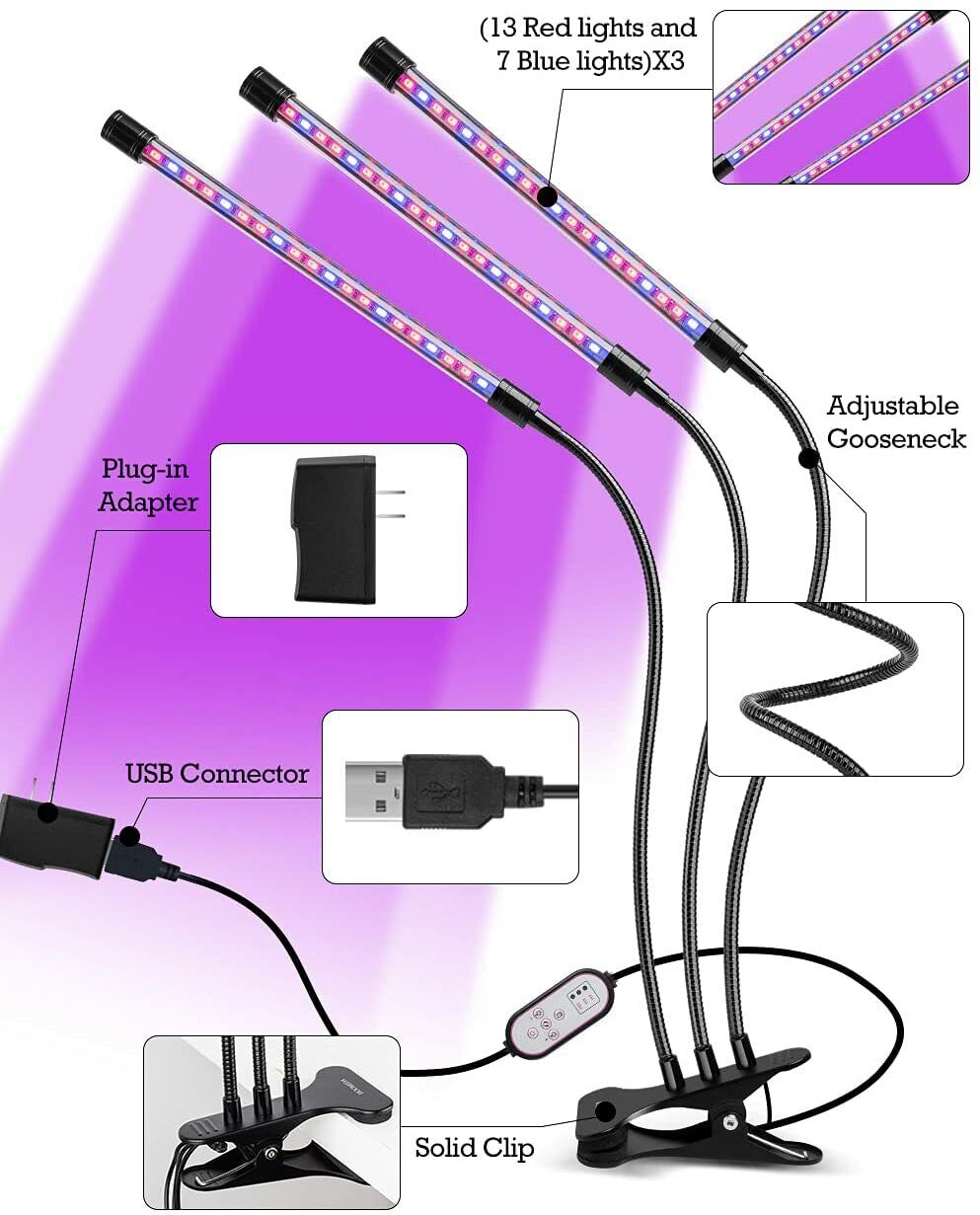 Grow Light for Indoor Plants, HOOMEDA Tri Head Plant Light with Full Spectrum