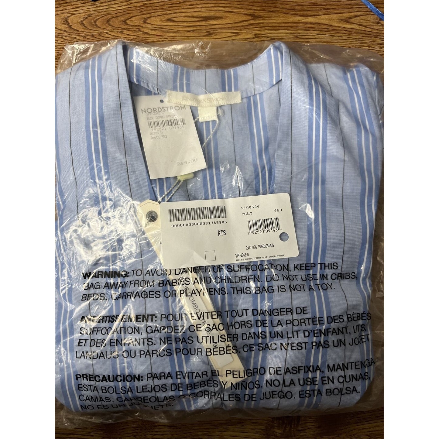Jonathan Simkhai Ruched Oxford Front V-neck Stripe Cropped Shirt Size 0 NWT