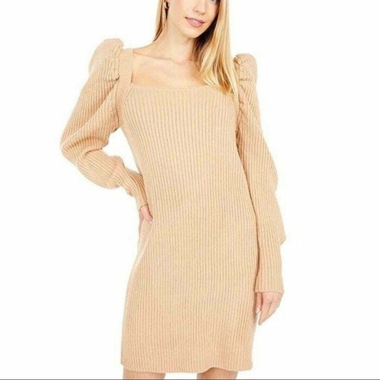 Wayf NWT M Camel Square Neck Puff Shoulder ribbed Sweater Dress