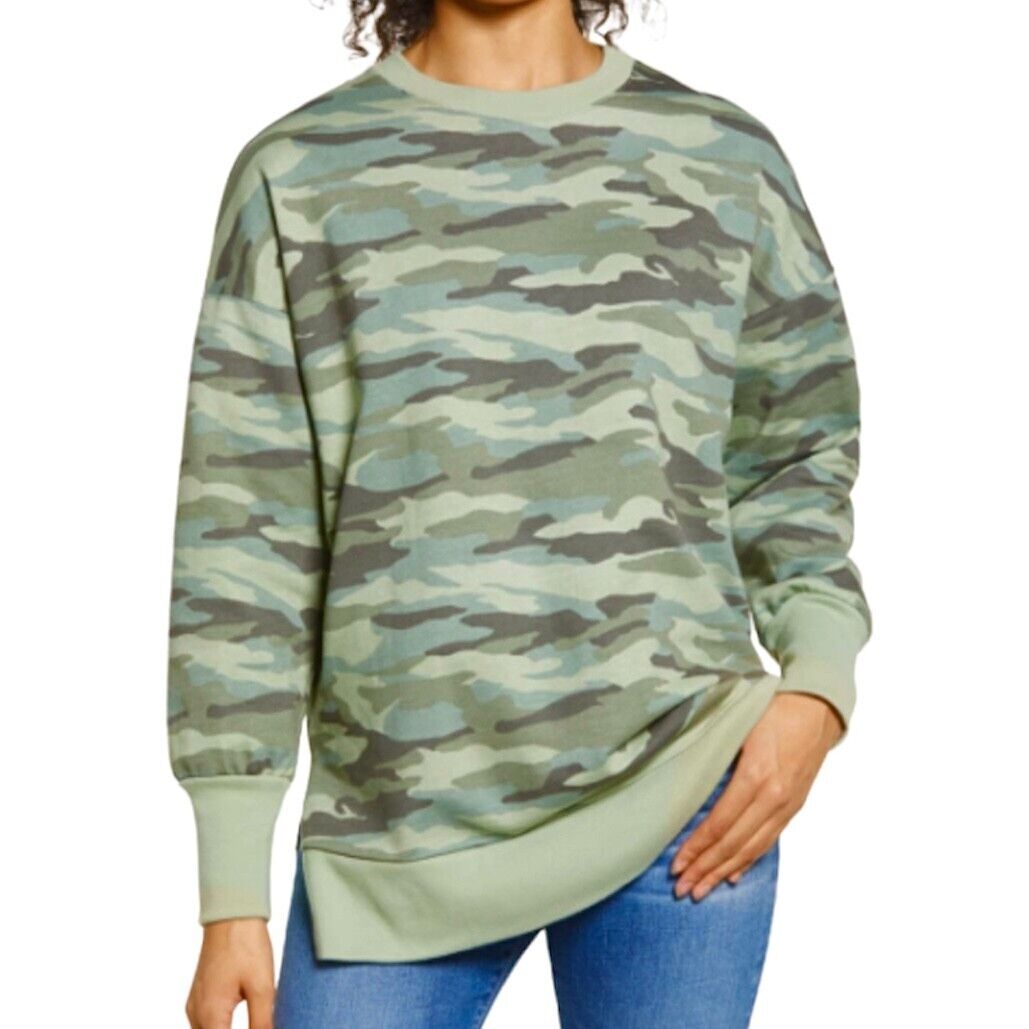 Caslon Womens Sweatshirt Crewneck Oversized Cotton Green Camo Size Medium Slits