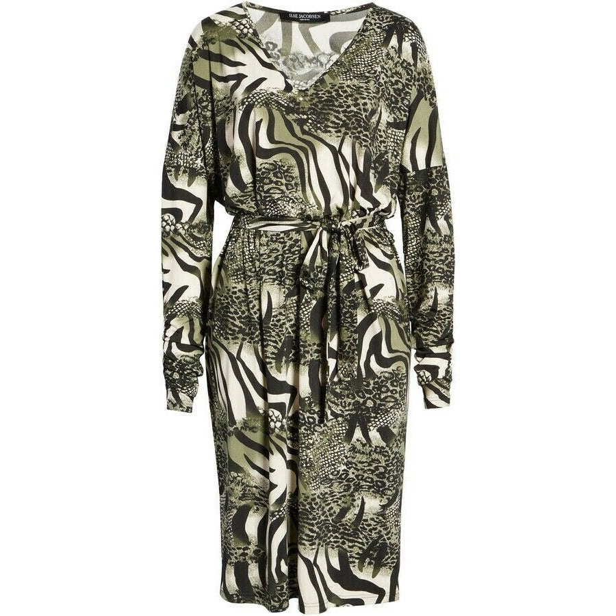 Ilse Jacobsen Green Animal Print Belted Long Sleeve Jersey Dress Womens L/XL