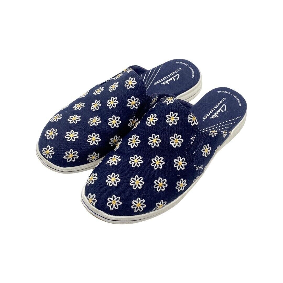 CLARKS Cloudsteppers Canvas Slip-on Mules Breeze Shore Navy Floral 7.5M NEW