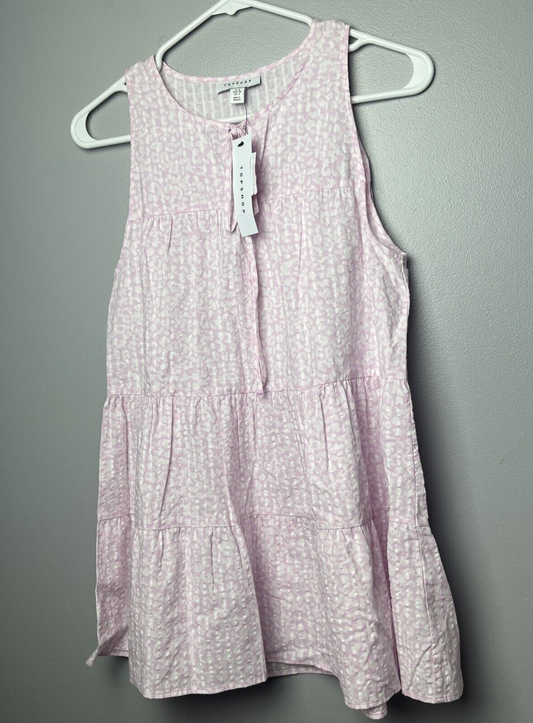 Topshop Women's Size 4 Pink White Sleeveless 100%Cotton String Neck Tie Dress