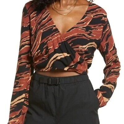 BP. Surplice V-Neck Crop Top Women's S Brown Burnout Tiger Stripe Long Sleeve