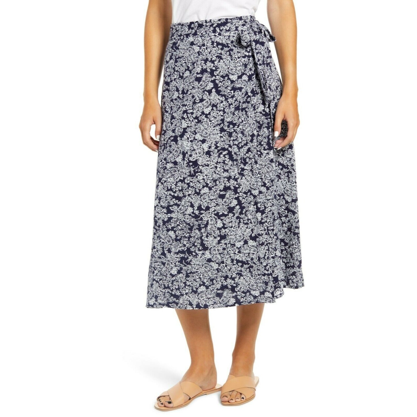 Caslon Women's Faux Wrap Midi Skirt In Navy Peacoat Floral Garden Size 1X $88