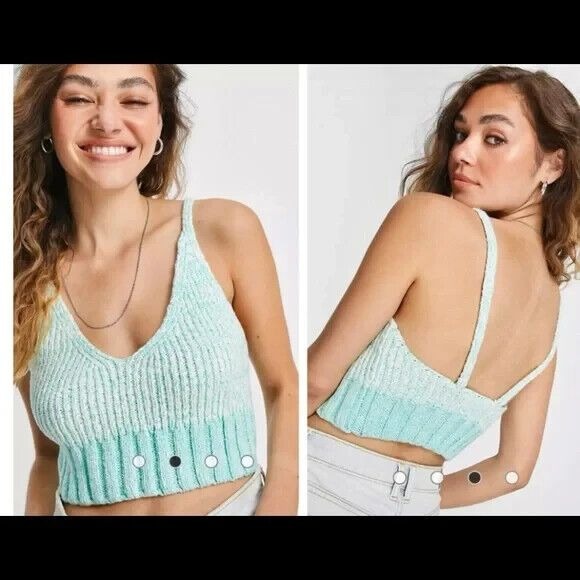Free People Intimately Here All Day Open Knit Bralette Crop Top Ivory Green M
