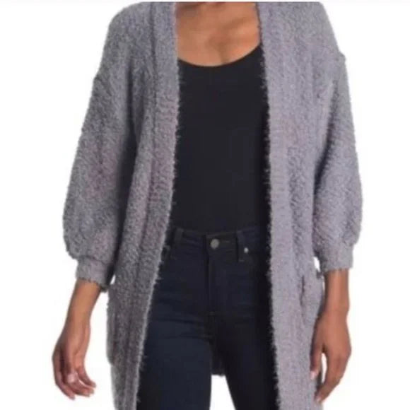 FRNCH Size S/M Soft Eyelash Boucle Knit Cardigan Gray Open Front Sweater - New