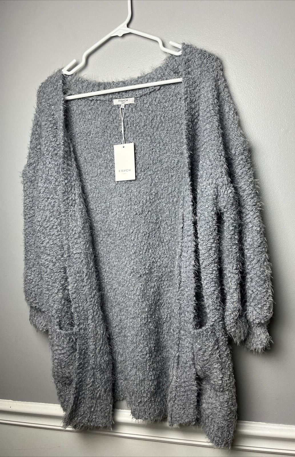 FRNCH Size S/M Soft Eyelash Boucle Knit Cardigan Gray Open Front Sweater - New