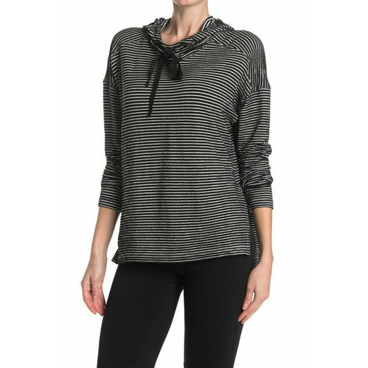 Max Studio NWT $88 XS Black & White Stripe Hooded Hi-Low Tunic Top Hoodie