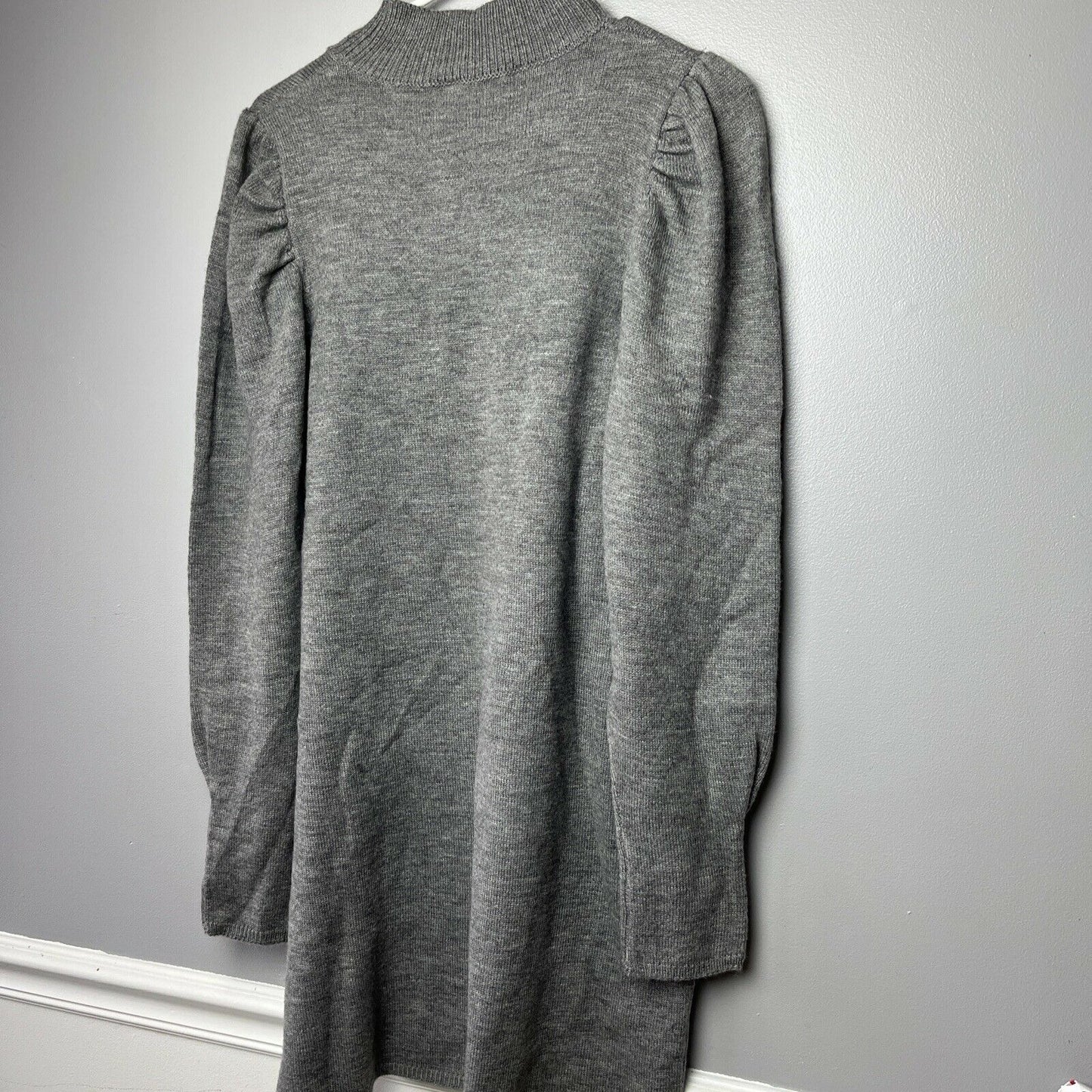 WAYF Puff Sleeve Mini Knit Sweater Dress Mock Neck Ribbed Trim Gray Size Large
