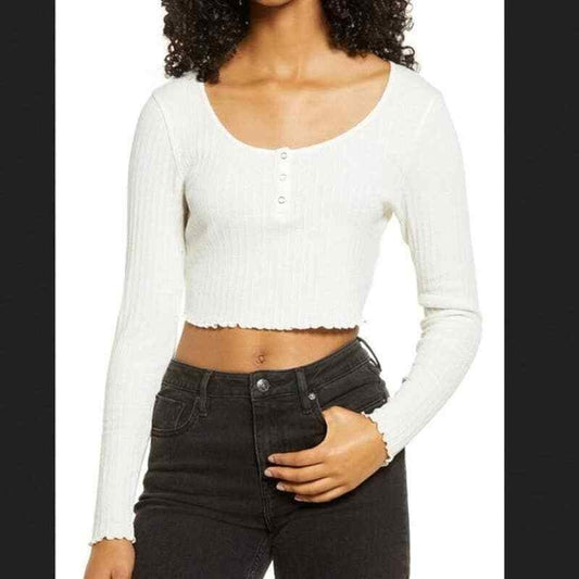 BP. Women's White Rib Knit Crop Lettuce Trim Henley Top