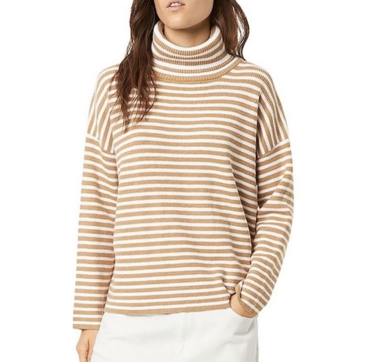 French Connection Tan Striped Turtleneck Sweater Size Small