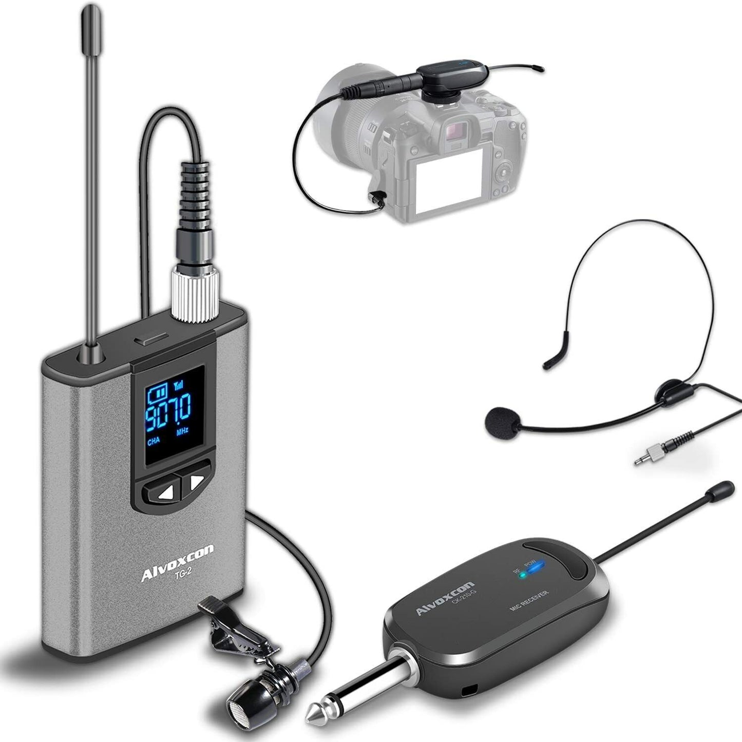 Alvoxcon TG220 Wireless Headset Lavalier Microphone System